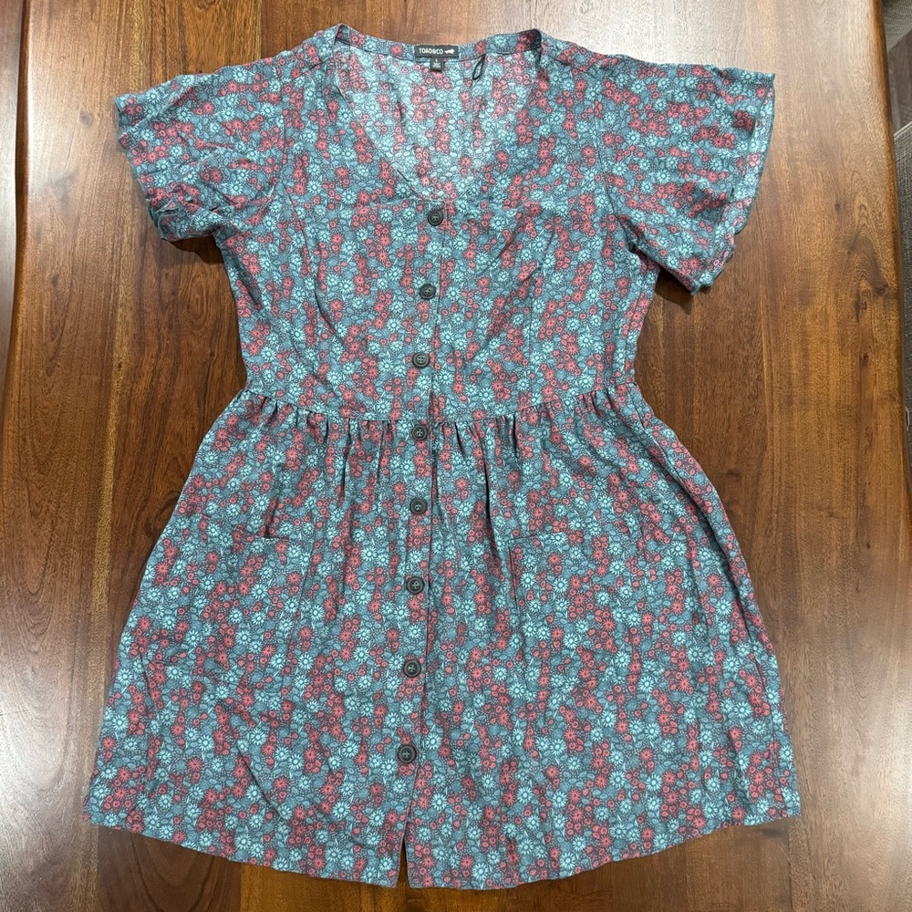 Toad&Co Hillrose Button-Up Floral Dress — Women’s L, Short-Sleeve Summer Dress